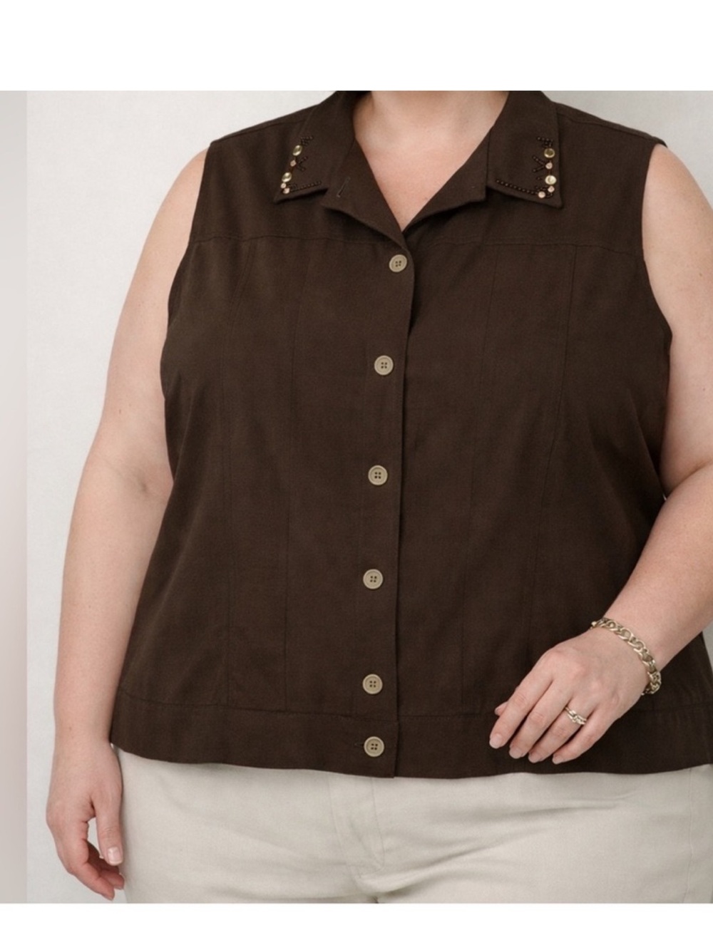 TanJay Beaded Embellished Brown Button Down Sleeveless Top